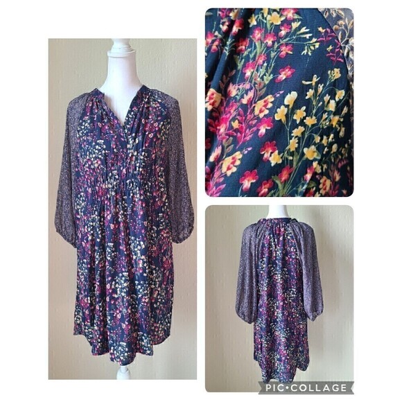 Umgee Floral‎ Boho Dress Small Tall Metallic Sheer Balloon Sleeves Pleats - Picture 2 of 12